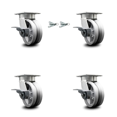 Service Caster 5 Inch Kingpinless V Groove Semi Steel Wheel Caster Brakes 2 Swivel Locks, 4PK SCC-KP30S520-VGR-SLB-BSL-2-SLB-2